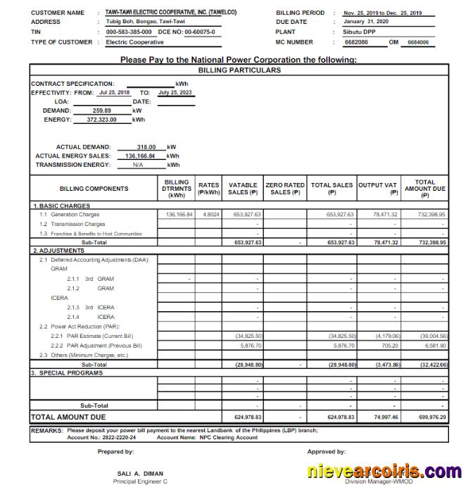PHILIPPINES TAWELCO utility bill